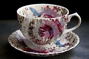 intricate floral designs on vintage teacups