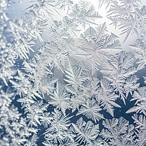 Intricate frost patterns on a window surface display a stunning array of ice crystals,