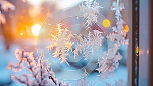 Intricate frost patterns on windowpanes against the serene and picturesque winter landscape