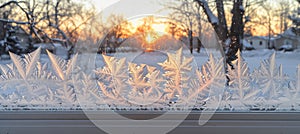 Intricate frost patterns on winter windowpanes create a captivating and mesmerizing background
