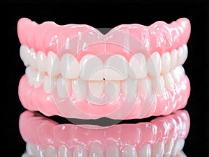A set of realistic full upper and lower dentures displayed against a black background with a reflective surface highlighting the