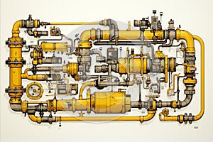 Intricate gas pipeline system illustration. Vital energy resource network infrastructure.