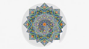 Intricate geometric mandala featuring an array of polygons and angular motifs in a