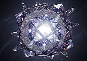 Intricate geometric object with a complex 3D structure, featuring interlocking triangular and