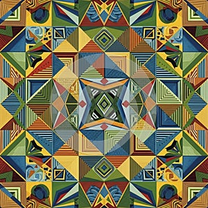 An intricate geometric pattern composed of colorful triangles and