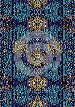 Intricate geometric pattern featuring hexagonal and triangular shapes. Dominant