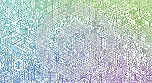 Intricate geometric pattern featuring interconnected hexagons, triangles, and cubes,