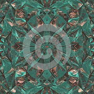 Intricate geometric pattern featuring a kaleidoscope effect with angular shapes. The