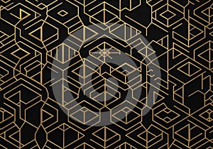 Intricate geometric pattern with gold lines on a black background.