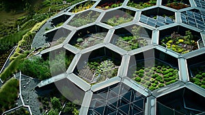 An intricate geometric solar panel installation covering the roof of a community garden allowing the garden to operate