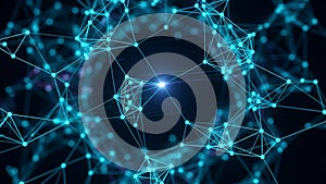 Intricate glowing cyan network of interconnected points and lines creating a complex abstract digital structure