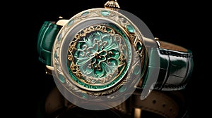 Intricate Gold And Silver Watch With Emerald And Green Elements