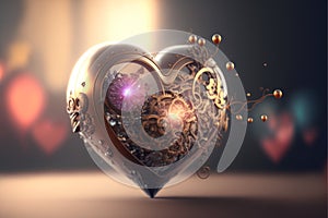 Intricate heart shape in front of a background with glowing lights,  generative ai