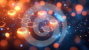 Hexagonal pattern with glowing orange and blue lights in dark background