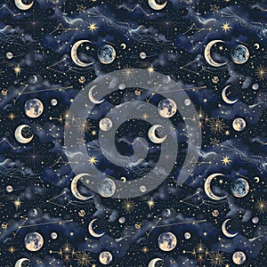 Dense Celestial Bodies Seamless Pattern with Mystical Constellations, Clouds, and Auroras in Dark Tones photo