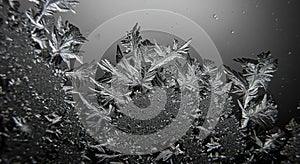 Intricate ice crystals form a complex pattern on a surface, resembling delicate fern
