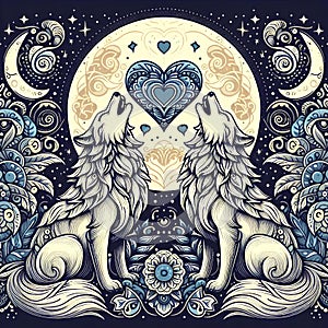 Intricate illustration featuring two stylized wolves h