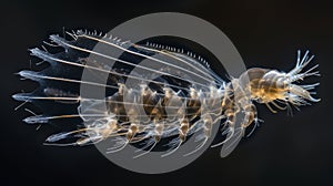 An intricate image of a water flea larva its body adorned with delicate featherlike appendages that allow it to