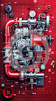 Intricate Industrial Machinery and Piping System with a High Tech Red Background