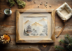 Intricate Ink Drawing on Japanese Washi Paper Captured in a Stunning Drone Perspective A Detailed Artistic Frame photo