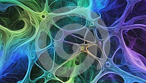 Intricate, interconnected web-like structures form a dense network, resembling neural connections