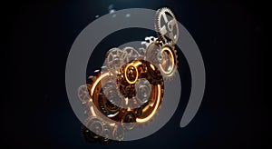 Intricate interlocking metal gears with glowing orange light in motion