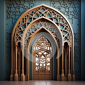 Intricate Islamic doorway with arched carving and blue background