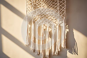 Intricate Ivory Macrame Wall Hanging in Minimalistic Setting