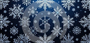 Mystical Winter Elaborate Snowflake Patterns Resembling Lace on a Rich Dark Blue Field, Captivating and Dramatic