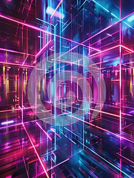 An intricate lattice of neon beams forming a threedimensional grid encapsulating the essence of virtual reality spaces photo