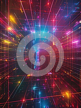 An intricate lattice of neon beams forming a threedimensional grid encapsulating the essence of virtual reality spaces photo