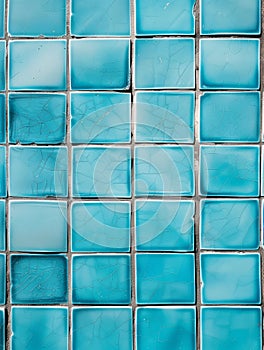 An intricate layout of cracked and criss-crossed teal glass tiles, forming a mesmerizing textural pattern with a cool