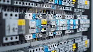 The intricate layout of electrical components in a control panel..AI generated image