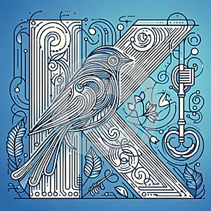 Intricate letter K design featuring a stylized bird and ornam photo