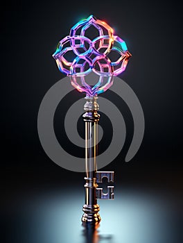 Intricate magic iridiscent glowing key. Unlock the future concept