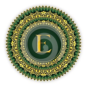 Gold Green Mandala Pattern Letter E
