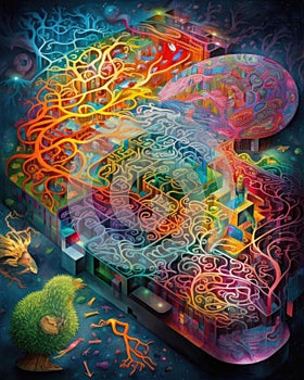 An intricate map of bright and vibrant colors forming the neurological pathways required for optimal reading Psychology