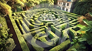 Intricate maze of neatly trimmed hedges behind a Victorian style house, complex maze, made with generative ai