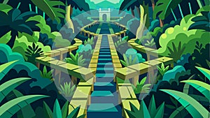 An intricate maze of walkways and bridges leading through a jungle of vibrant foliage ferns and mosscovered rocks.. photo