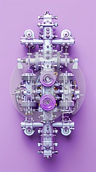 Intricate Mechanical Assembly on Purple Background Detailed Engine Parts and Industrial Design Concept
