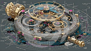 Intricate Mechanical Watchgear with Detailed Technical Blueprint