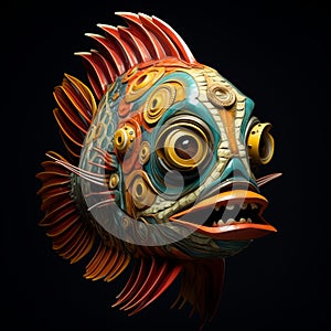 Intricate Mesoamerican-inspired 3d Fish Creature With A Snakelike Face