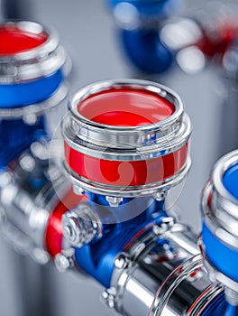 Close-up of modern metallic valves with red and blue accents, showcasing industrial design and craftsmanship