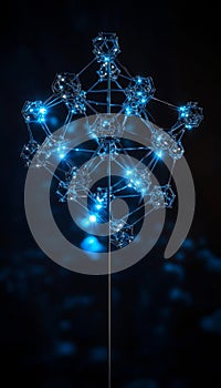 Intricate metallic molecule structure reflecting blue light, symbolizing nanotechnology and science