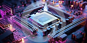 An intricate microelectronic motherboard processor background, showcasing the complexity and sophistication of modern