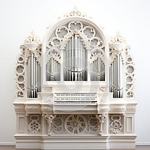 Intricate Minimalism: Ornate White Organ With Religious Symbolism