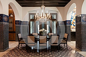 Intricate Moroccan tiles showcased in dining room, exotic elegance photo