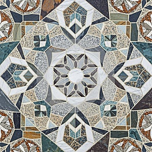 Intricate mosaic pattern composed of various geometric shapes, including pentagons and circles. The