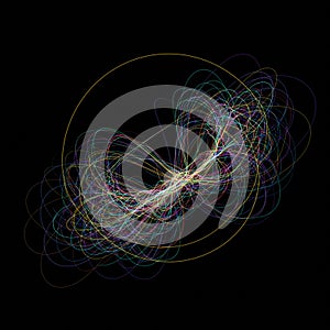 Intricate multicolored lines form a complex, abstract pattern against a black