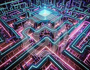 An intricate neon lit maze symbolizing network defense against malicious intrusions
